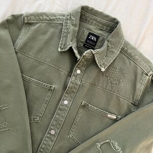 Zara Relaxed Fit Distressed Olive Green Shacket